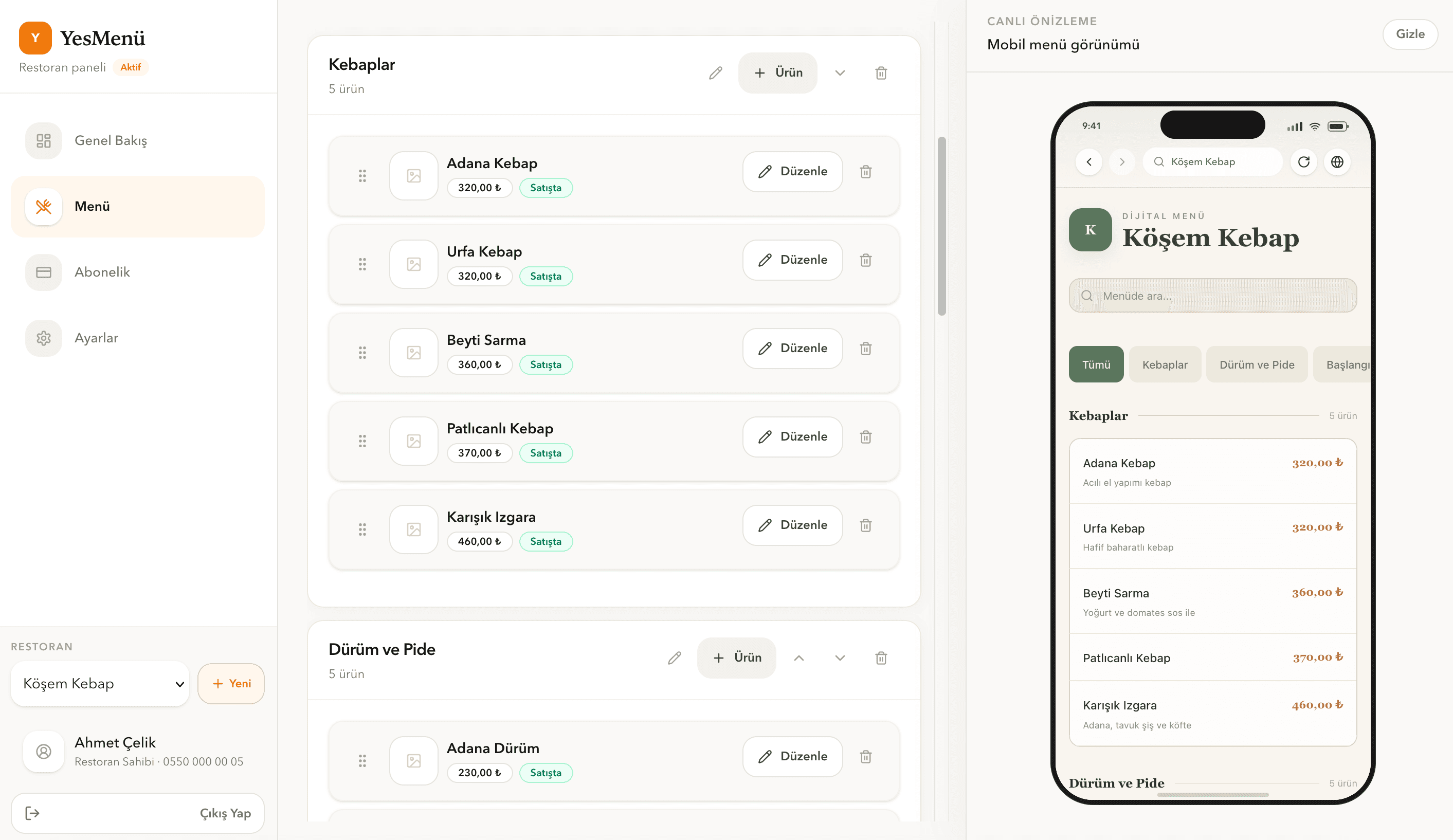 YesMenü dashboard görünümü