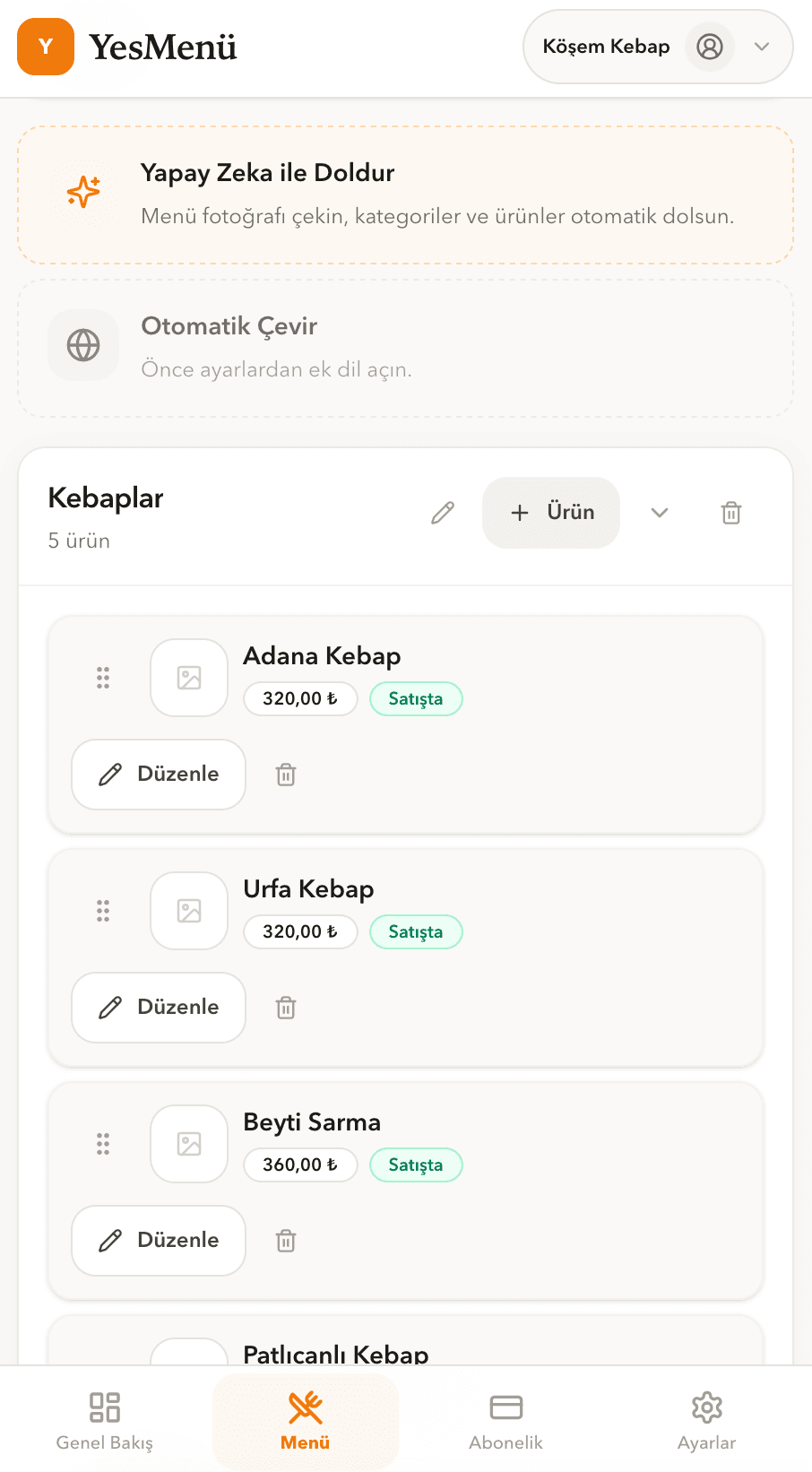 YesMenü mobil panel görünümü